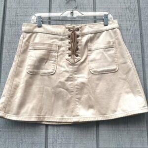 EXPRESS JEANS Y2K Western Boho Beige Lace Up Front A Line Mini Skirt Women Sz 10